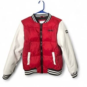 5/$25 DKNY Red and White Puffer Bomber Jacket with Striped Rib Trim